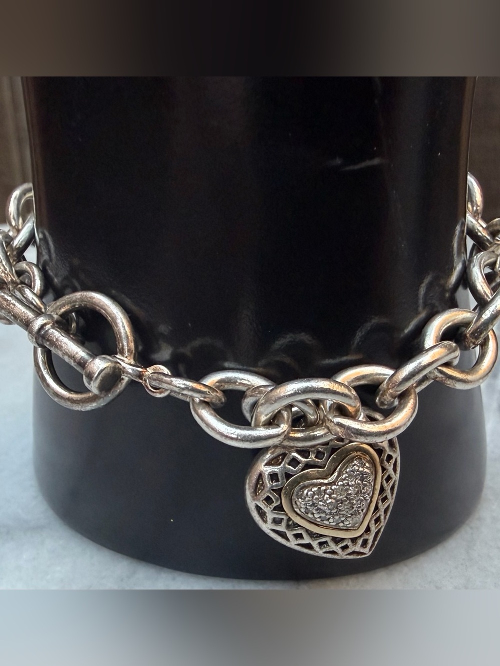 Signed BJ 14K Gold 925 Sterling Silver Diamond Heart Toggle Bracelet 7.5”